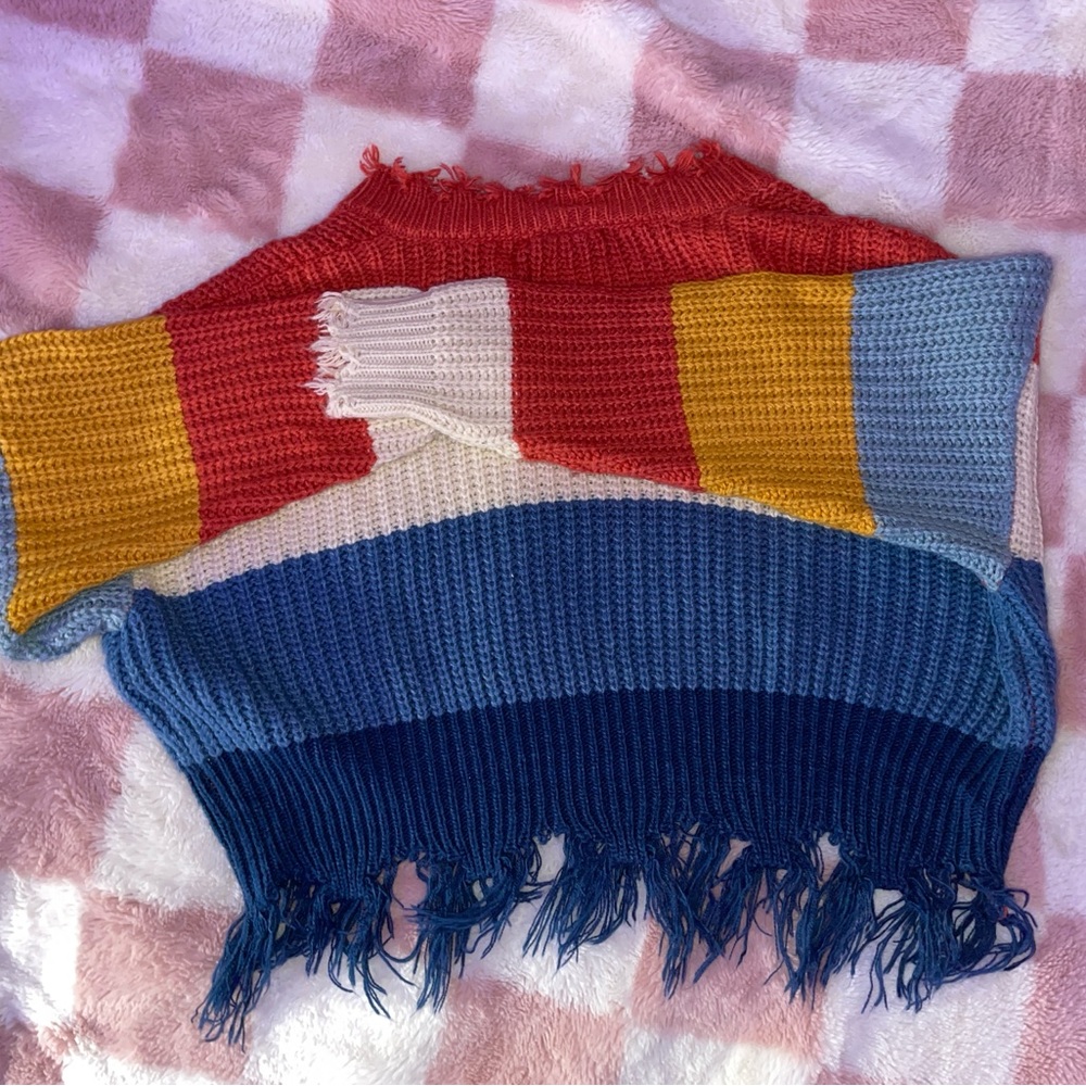 Red and Yellow Cowl Neck Sweater with Striped Design